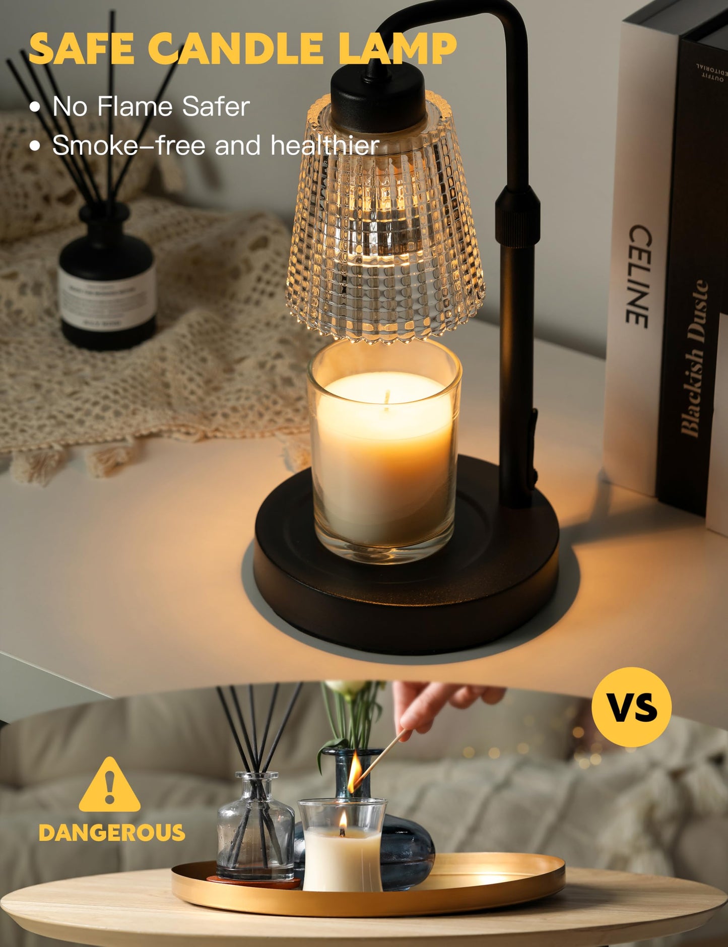 Candle Warmer Lamp with Timer, Adjustable Height Candle Warmer, Dimmable, Home Decor, Wax Warmer Lamp for Jar Candles with 2 Bulbs, Black